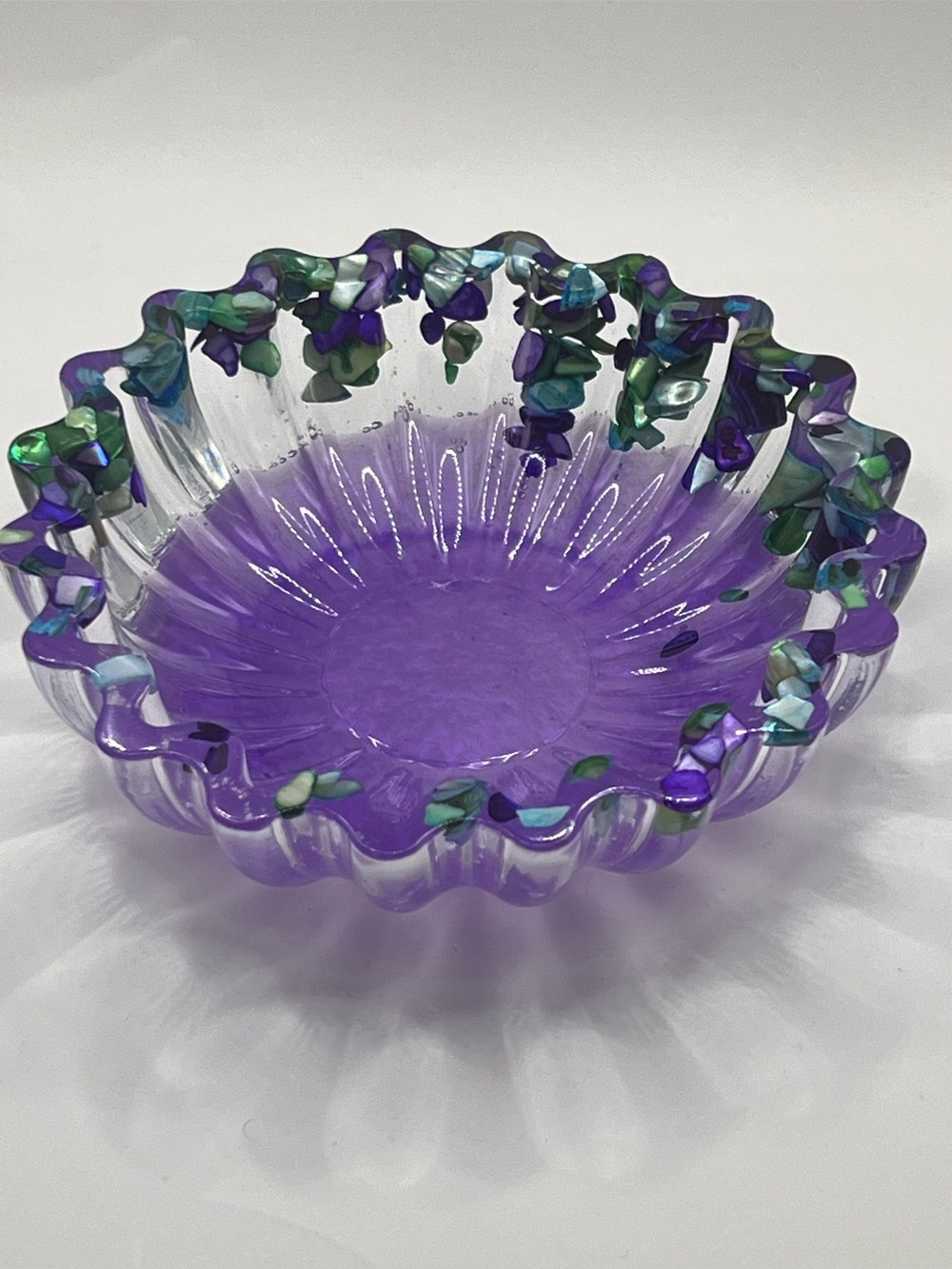 Artisan Purple Resin Ruffled Serving Bowl with Green Purple & Blue Rocks Accents